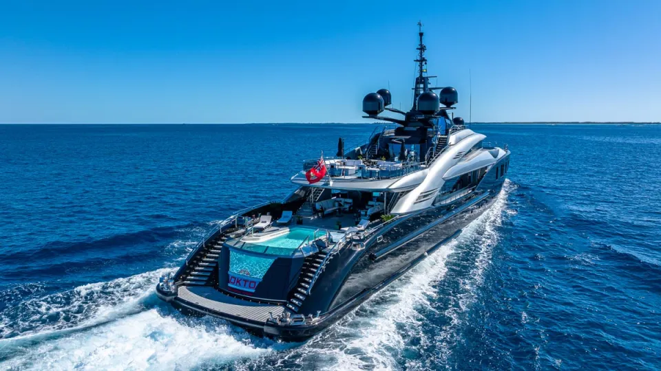Aft profile of OKTO, a 218 foot ISA yacht.